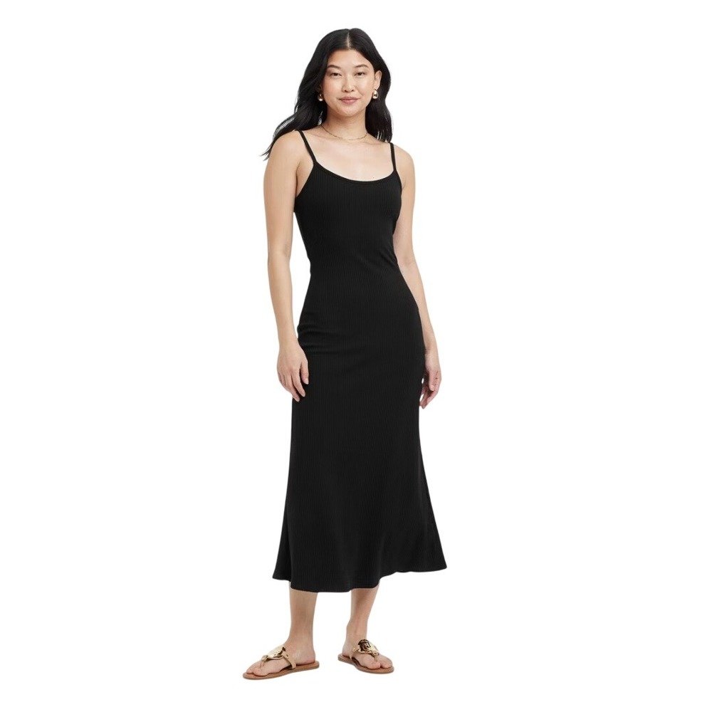 A New Day Women's Black Ribbed Knit Maxi Dress Spaghetti Strap Scoop Neck Size L